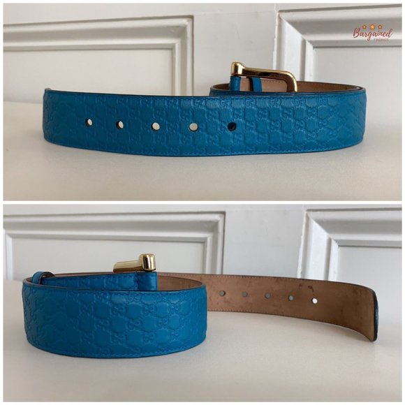 Authentic GUCCI Teal Blue Microguccissima Leather Gold Buckle Belt Size 80/32
